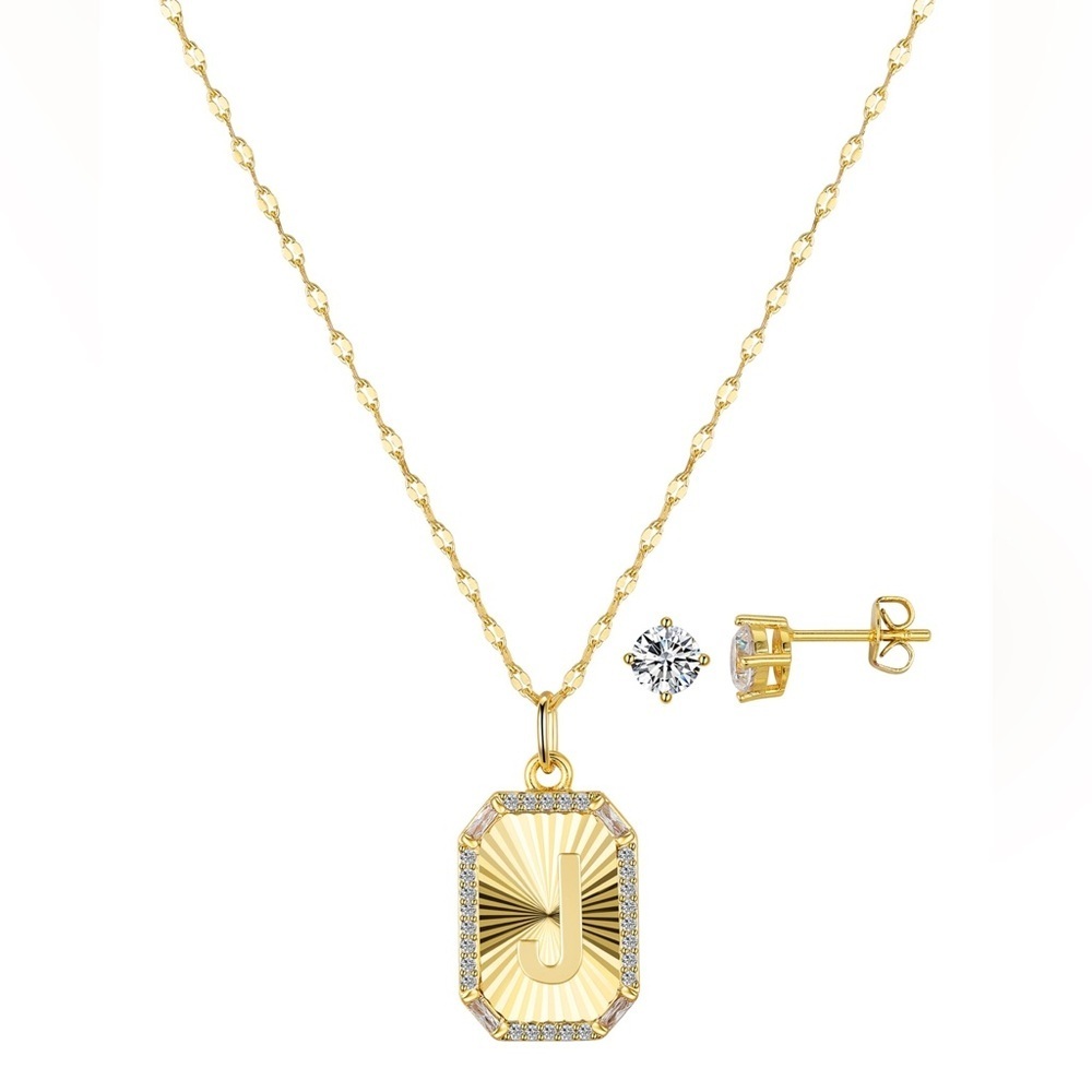 Unwritten Cubic Zirconia Initial Pendant Necklace Stud Earring Set - Gold J Gold